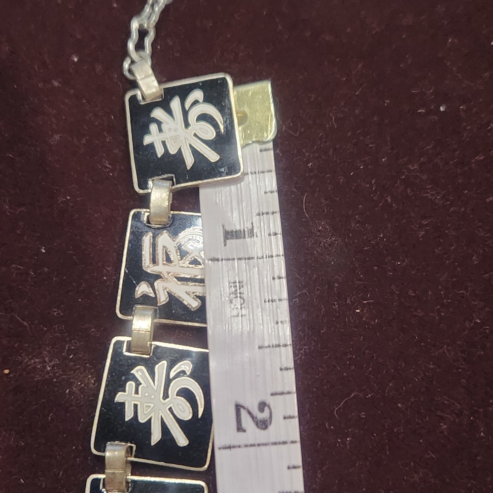 Vintage Chinese good luck Bib Necklace Black White Enamel Silver Tone 16in - Picture 9 of 10